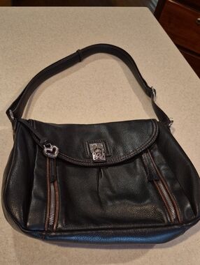 Brighton Black Leather Shoulder Bag with Silver Hardware